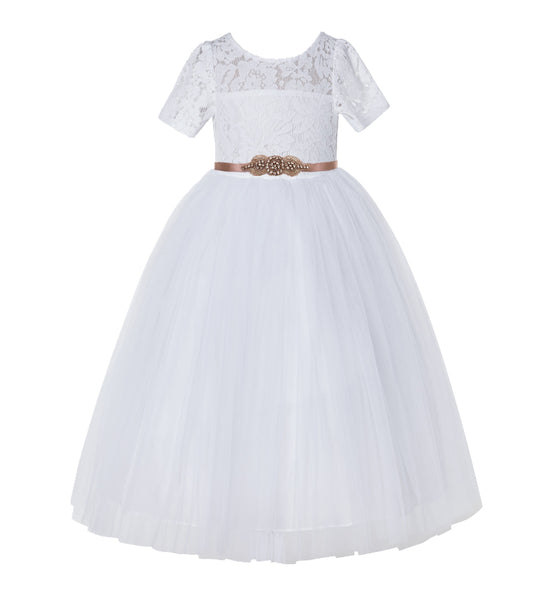 Floral Lace Flower Girl Dress with Sleeves Holy Communion Gown LG2R1 Ivory / Blush Pink / 5 Floral Lace Flower Girl Dress with Sleeves Holy Communion Gown LG2R1 Ivory / Blush Pink / 5