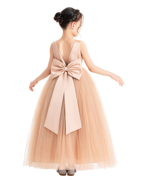 V-Neck Satin Flower Girl Dress for Special Occasions Birthday Gown Father Daughter Dance Recital 522