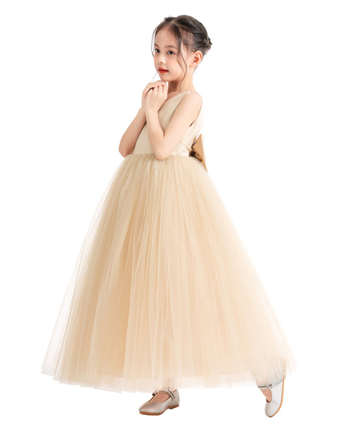 V-Neck Satin Flower Girl Dress for Special Occasions Birthday Gown Father Daughter Dance Recital 522