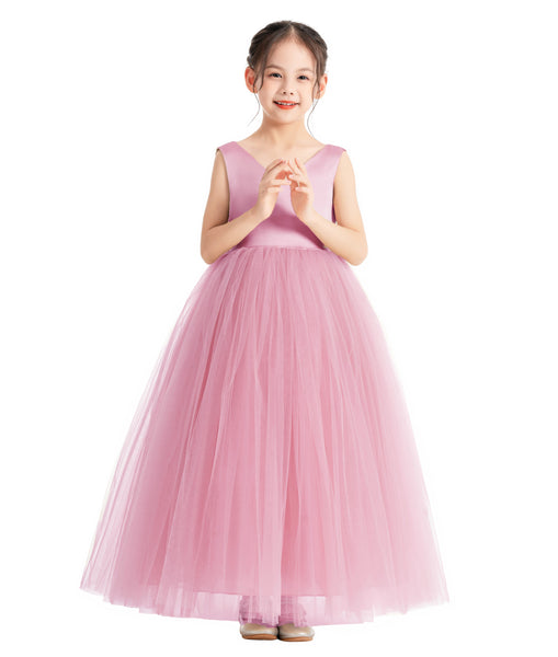 V-Neck Satin Flower Girl Dress for Special Occasions Birthday Gown Father Daughter Dance Recital 522