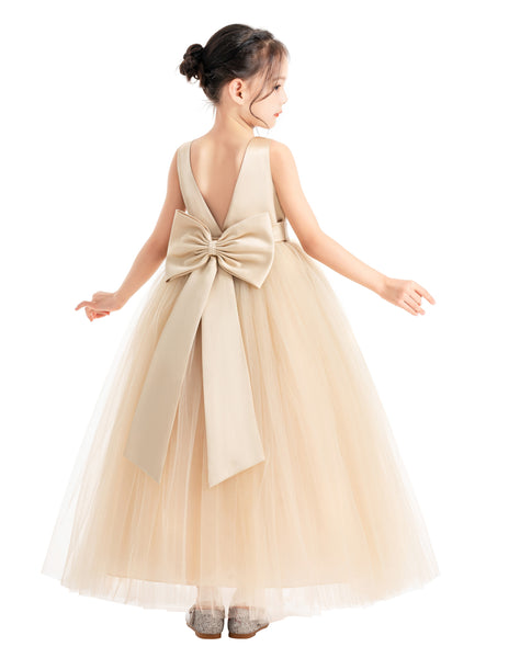 V-Neck Satin Flower Girl Dress for Special Occasions Birthday Gown Father Daughter Dance Recital 522