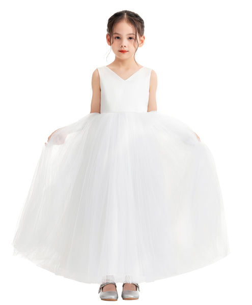 V-Neck Satin Flower Girl Dress for Special Occasions Birthday Gown Father Daughter Dance Recital 522