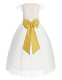 Ivory Cap Sleeves V-Back Lace Flower Girl Dress Special Occasions Junior Bridesmaid Gown 622T(3)