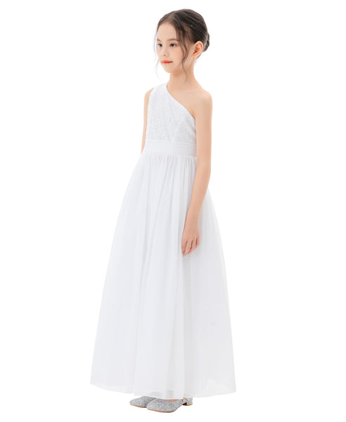 One Shoulder Sequins Chiffon Flower Girl Dress for Special Occasions Photoshoot Ceremonial Gown 328