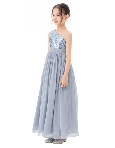 One Shoulder Sequins Chiffon Flower Girl Dress for Special Occasions Photoshoot Ceremonial Gown 328