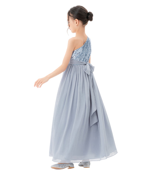 One Shoulder Sequins Chiffon Flower Girl Dress for Special Occasions Photoshoot Ceremonial Gown 328