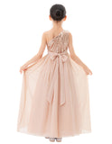 One Shoulder Sequins Chiffon Flower Girl Dress for Special Occasions Photoshoot Ceremonial Gown 328