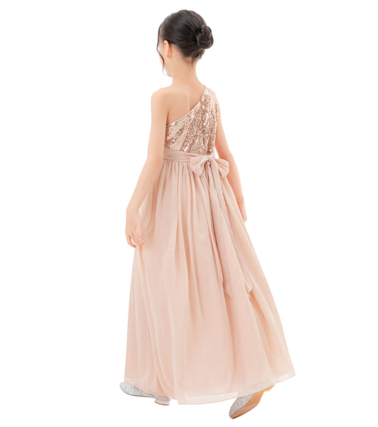 One Shoulder Sequins Chiffon Flower Girl Dress for Special Occasions Photoshoot Ceremonial Gown 328