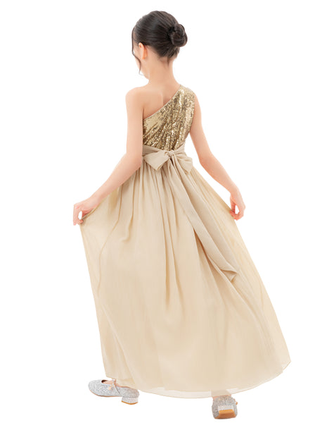 One Shoulder Sequins Chiffon Flower Girl Dress for Special Occasions Photoshoot Ceremonial Gown 328