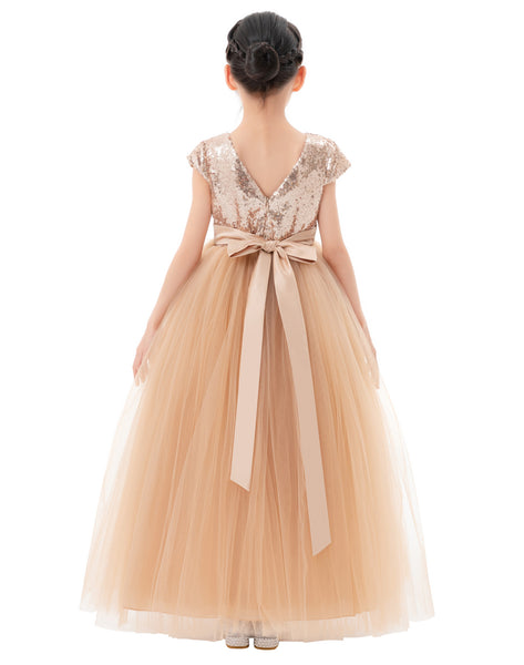 Sequins V-Back Cap Sleeves Formal Flower Girl Dresses for Junior Pageant Christening Church Gown 323