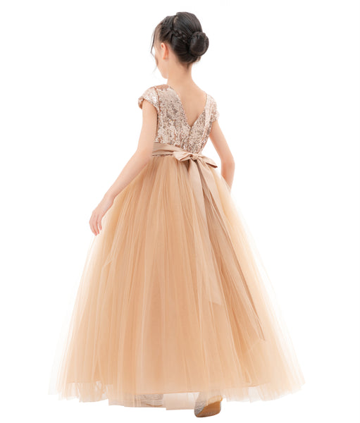 Sequins V-Back Cap Sleeves Formal Flower Girl Dresses for Junior Pageant Christening Church Gown 323