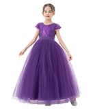 Sequins V-Back Cap Sleeves Formal Flower Girl Dresses for Junior Pageant Christening Church Gown 323