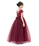 Sequins V-Back Cap Sleeves Formal Flower Girl Dresses for Junior Pageant Christening Church Gown 323