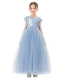 Sequins V-Back Cap Sleeves Formal Flower Girl Dresses for Junior Pageant Christening Church Gown 323