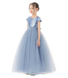 Sequins V-Back Cap Sleeves Formal Flower Girl Dresses for Junior Pageant Christening Church Gown 323