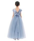 Sequins V-Back Cap Sleeves Formal Flower Girl Dresses for Junior Pageant Christening Church Gown 323