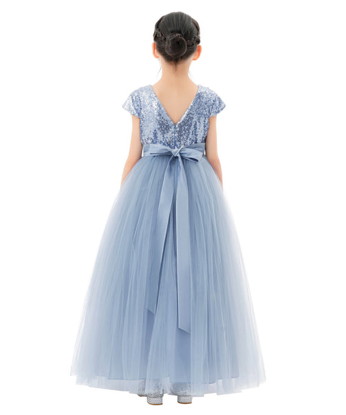 Sequins V-Back Cap Sleeves Formal Flower Girl Dresses for Junior Pageant Christening Church Gown 323