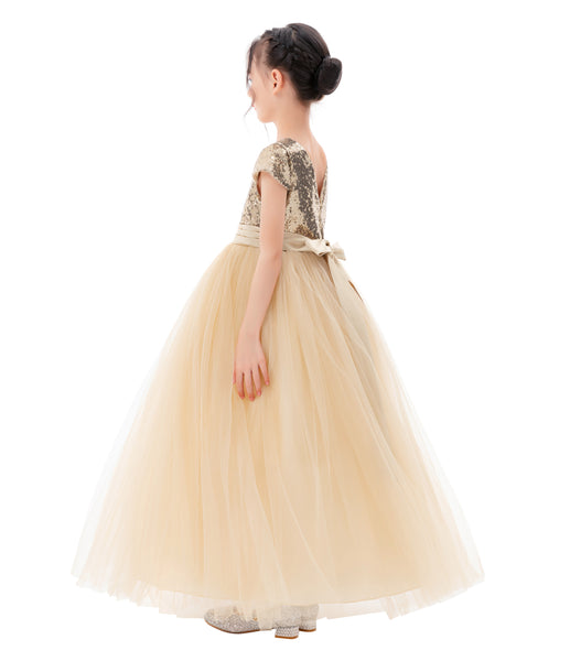 Sequins V-Back Cap Sleeves Formal Flower Girl Dresses for Junior Pageant Christening Church Gown 323