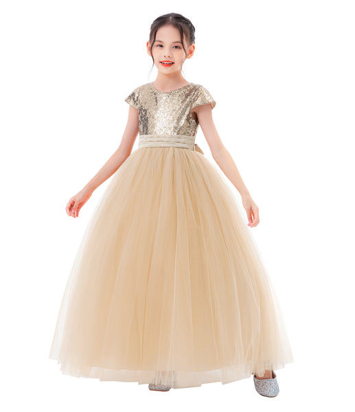 Sequins V-Back Cap Sleeves Formal Flower Girl Dresses for Junior Pageant Christening Church Gown 323