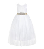 White Scalloped V-Back Lace A-Line Flower Girl Dress with Colored Sash Social Events Parties 207R3