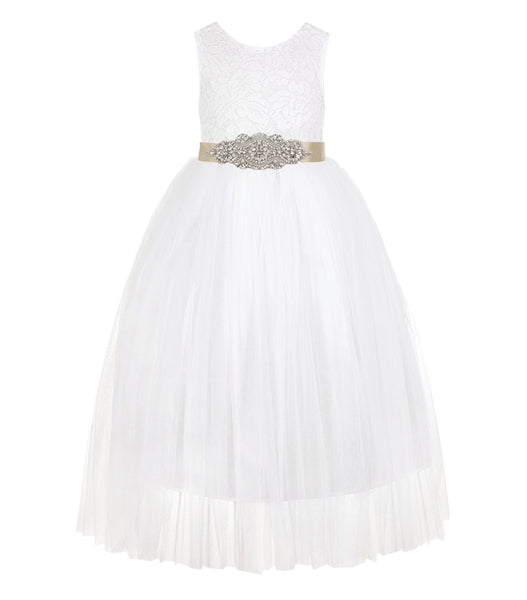 Ivory Scalloped V-Back Lace A-Line Flower Girl Dress with Colored Sash Social Events Parties 207R3