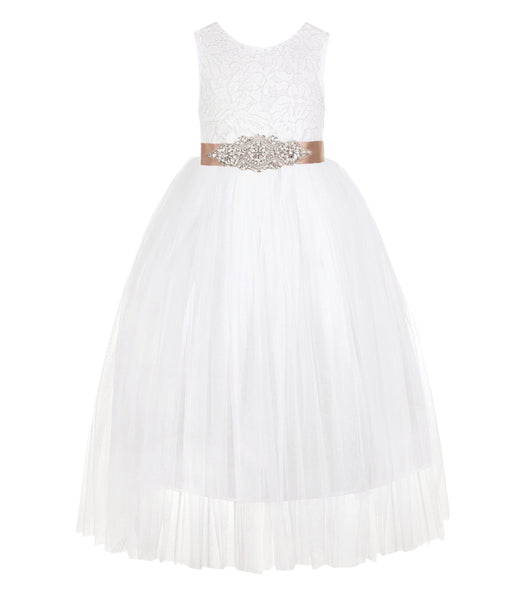 Ivory Scalloped V-Back Lace A-Line Flower Girl Dress with Colored Sash Social Events Parties 207R3