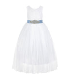 White Scalloped V-Back Lace A-Line Flower Girl Dress with Colored Sash Social Events Parties 207R3