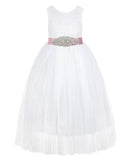 White Scalloped V-Back Lace A-Line Flower Girl Dress with Colored Sash Social Events Parties 207R3