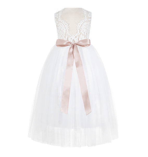 White Scalloped V-Back Lace A-Line Flower Girl Dress with Colored Sash Social Events Parties 207R3