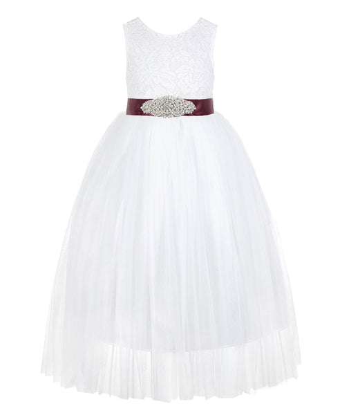 White Scalloped V-Back Lace A-Line Flower Girl Dress with Colored Sash Social Events Parties 207R3