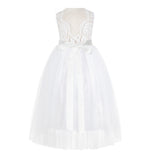 White Scalloped V-Back Lace A-Line Flower Girl Dress with Colored Sash Social Events Parties 207R3