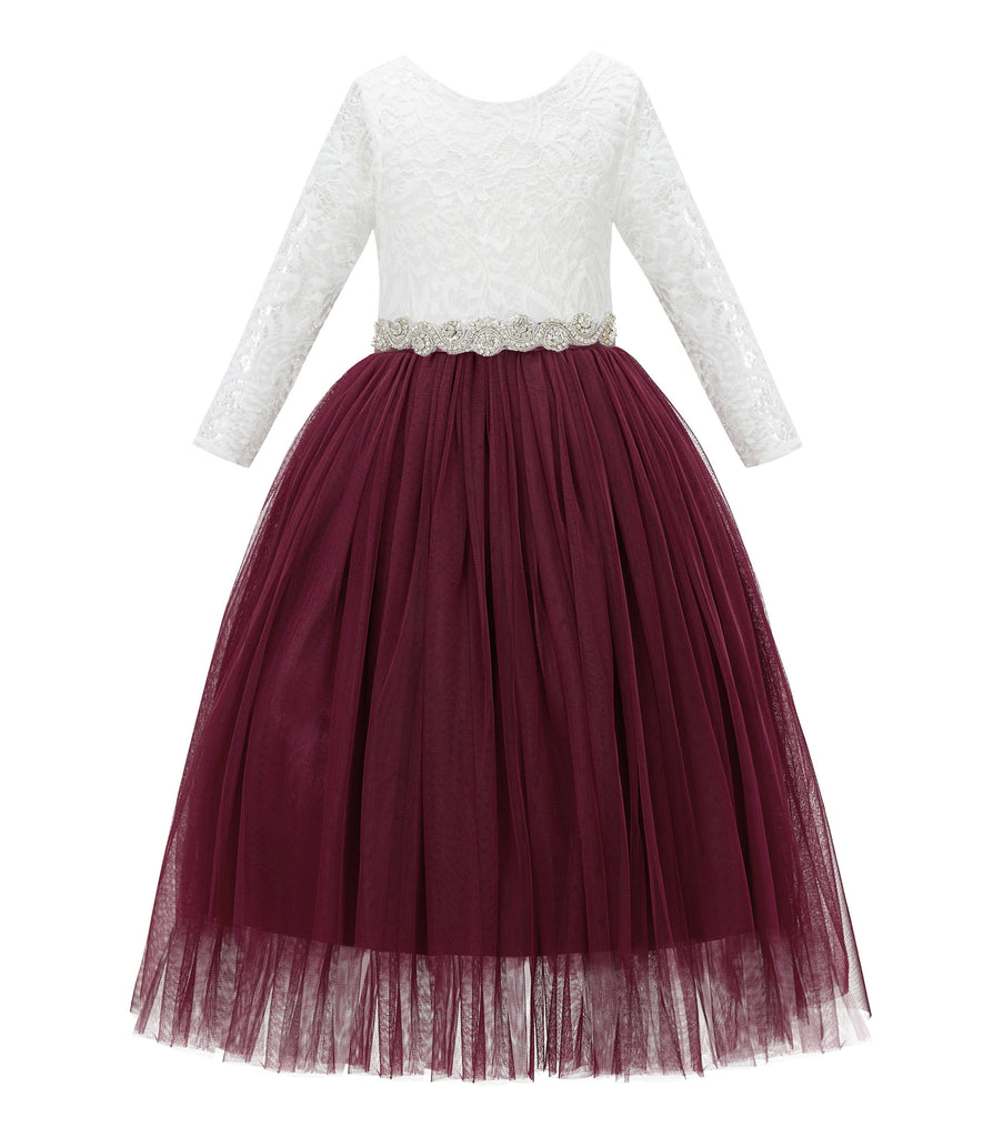 A-Line V-Back Lace Flower Girl Dress with Sleeves Princess Gown 290R2 | Ekidsbridal A-Line V-Back Lace Flower Girl Dress with Sleeves Princess Gown 290R2 | Ekidsbridal