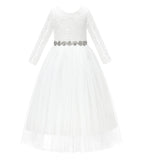 A-Line V-Back Lace Flower Girl Dresses with Sleeves Pretty Princess Gown Formal Birthday Party 290R2