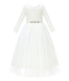 A-Line V-Back Lace Flower Girl Dresses with Sleeves Formal Novelty Photoshoot Ceremonial Gown 290R4