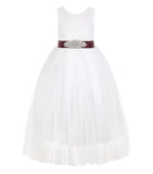 Ivory Scalloped V-Back Lace A-Line Flower Girl Dress with Colored Sash Social Events Parties 207R3