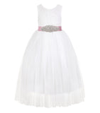 Ivory Scalloped V-Back Lace A-Line Flower Girl Dress with Colored Sash Social Events Parties 207R3