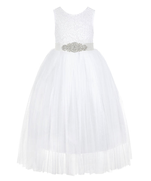 White Scalloped V-Back Lace A-Line Flower Girl Dress with Colored Sash Social Events Parties 207R3