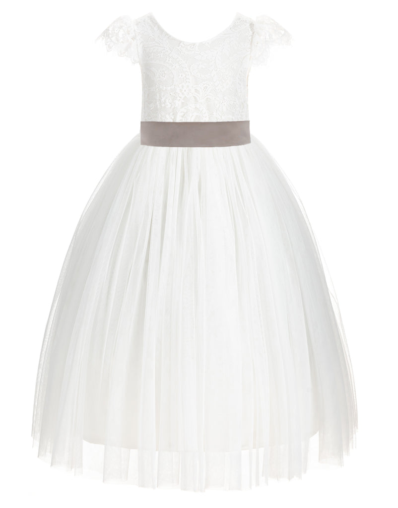 Ivory Cap Sleeves V-Back Lace Flower Girl Dress Bridesmaid 622T(3) | Ekidsbridal Ivory Cap Sleeves V-Back Lace Flower Girl Dress Bridesmaid 622T(3) | Ekidsbridal