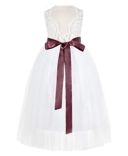 White Scalloped V-Back Lace A-Line Flower Girl Dress with Colored Sash Social Events Parties 207R3