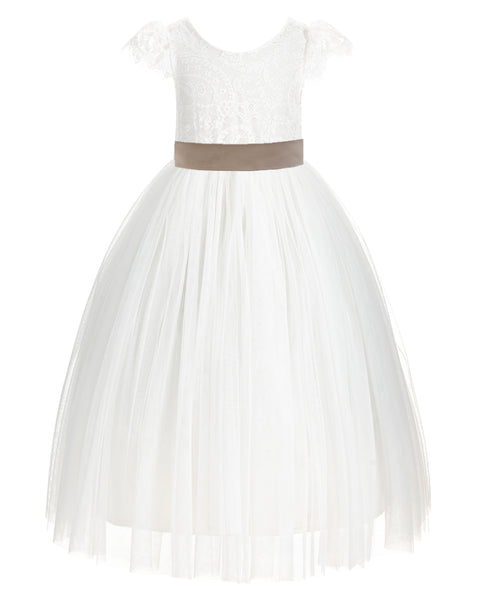 Ivory Cap Sleeves V-Back Lace Flower Girl Dress Special Occasions Junior Bridesmaid Gown 622T(1)