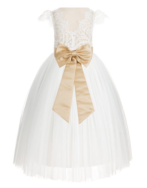 Ivory Cap Sleeves V-Back Lace Flower Girl Dress Special Occasions Junior Bridesmaid Gown 622T(3)