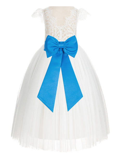 Ivory Cap Sleeves V-Back Lace Flower Girl Dress Special Occasions Junior Bridesmaid Gown 622T(1)