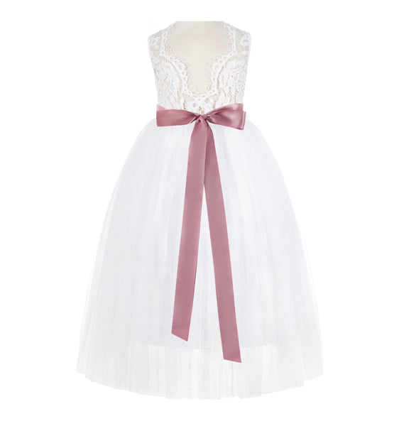 White Scalloped V-Back Lace A-Line Flower Girl Dress with Colored Sash Social Events Parties 207R3