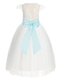 Ivory Cap Sleeves V-Back Lace Flower Girl Dress Special Occasions Junior Bridesmaid Gown 622T(1)