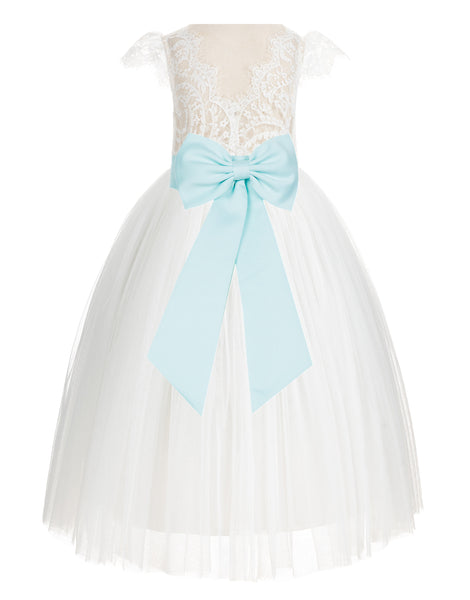 Ivory Cap Sleeves V-Back Lace Flower Girl Dress Special Occasions Junior Bridesmaid Gown 622T(1)