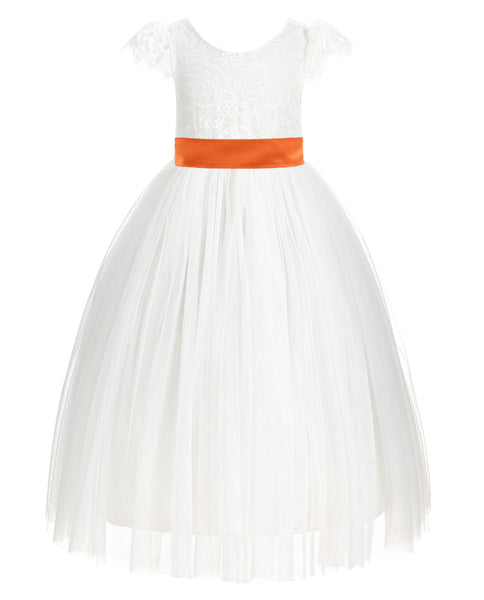 Ivory Cap Sleeves V-Back Lace Flower Girl Dress Special Occasions Junior Bridesmaid Gown 622T(1)