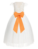 Ivory Cap Sleeves V-Back Lace Flower Girl Dress Special Occasions Junior Bridesmaid Gown 622T(1)