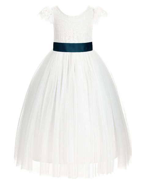 Ivory Cap Sleeves V-Back Lace Flower Girl Dress Special Occasions Junior Bridesmaid Gown 622T(1)