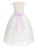 Ivory Cap Sleeves V-Back Lace Flower Girl Dress Special Occasions Junior Bridesmaid Gown 622T(1)