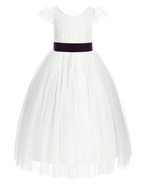 Ivory Cap Sleeves V-Back Lace Flower Girl Dress Special Occasions Junior Bridesmaid Gown 622T(1)